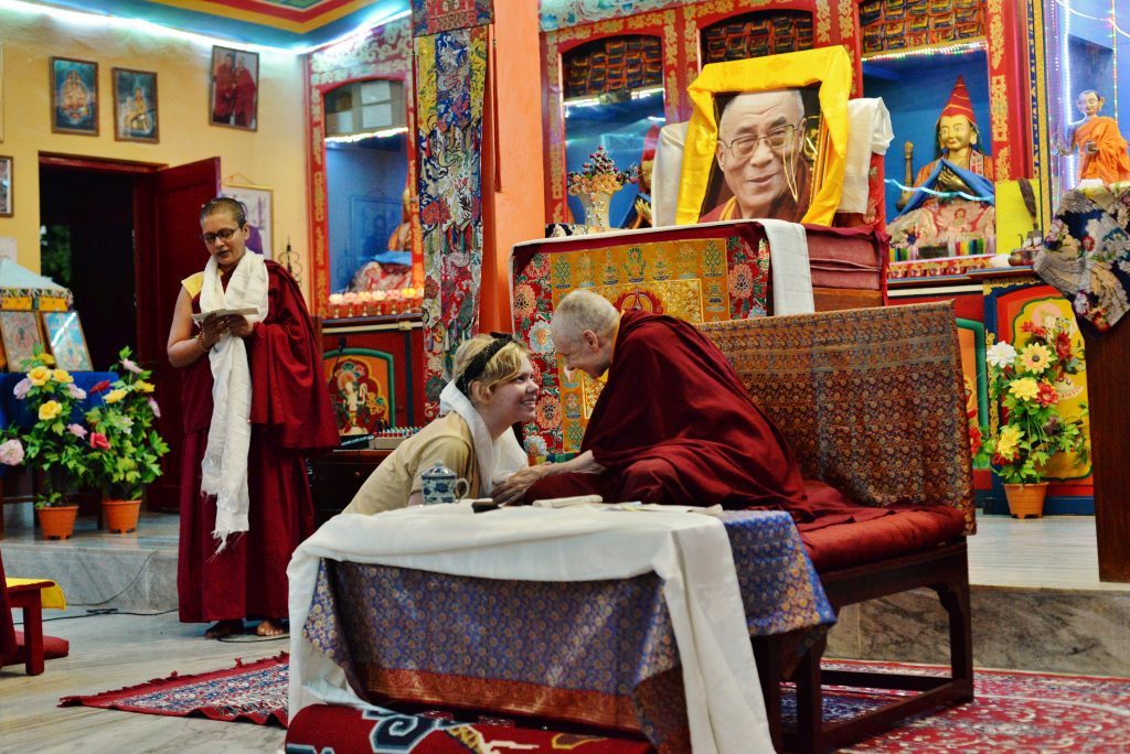 Dani receiving an 18th-birthday blessing from the Venerable Tenzin Palmo at the Root Institute  