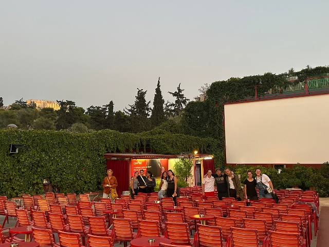 students watching a movie in the ampitheater